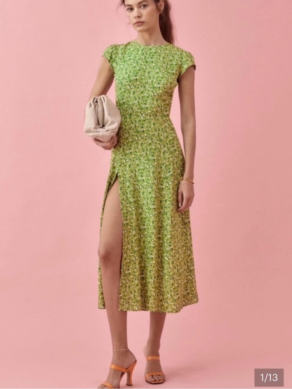 Reformation Green Floral Cap-Sleeve Midi Dress with Side Slit 0